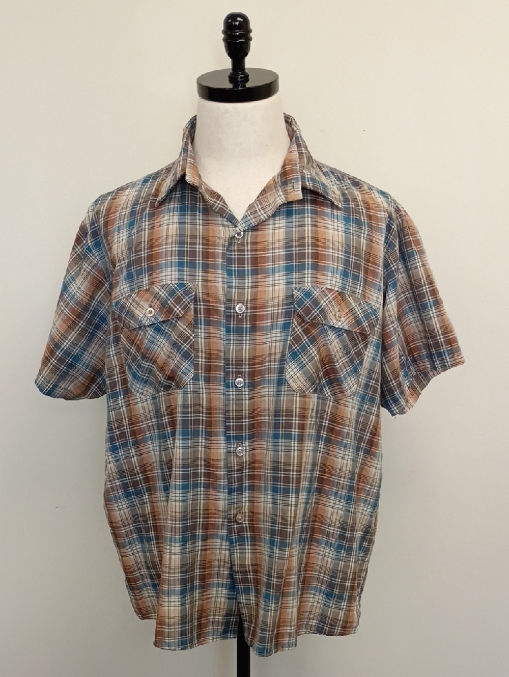 Big Mac Plaid Short Sleeve Button Down Shirt Blue Brown Size XL